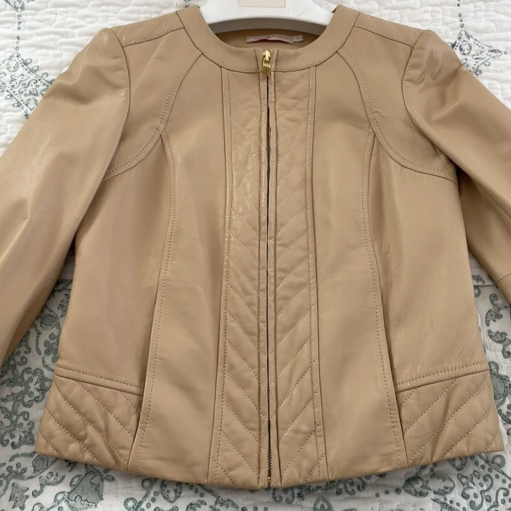 Tory Burch soft LAMB leather tan jacket w quilting - Picture 3 of 8